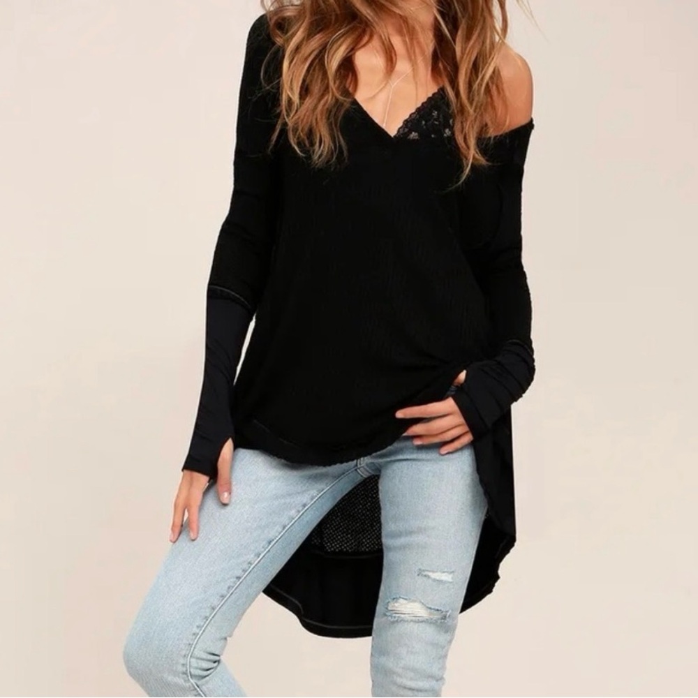 WE THE FREE Black North Shore Thermal Tunic Knit Long Sleeve Top Size XS